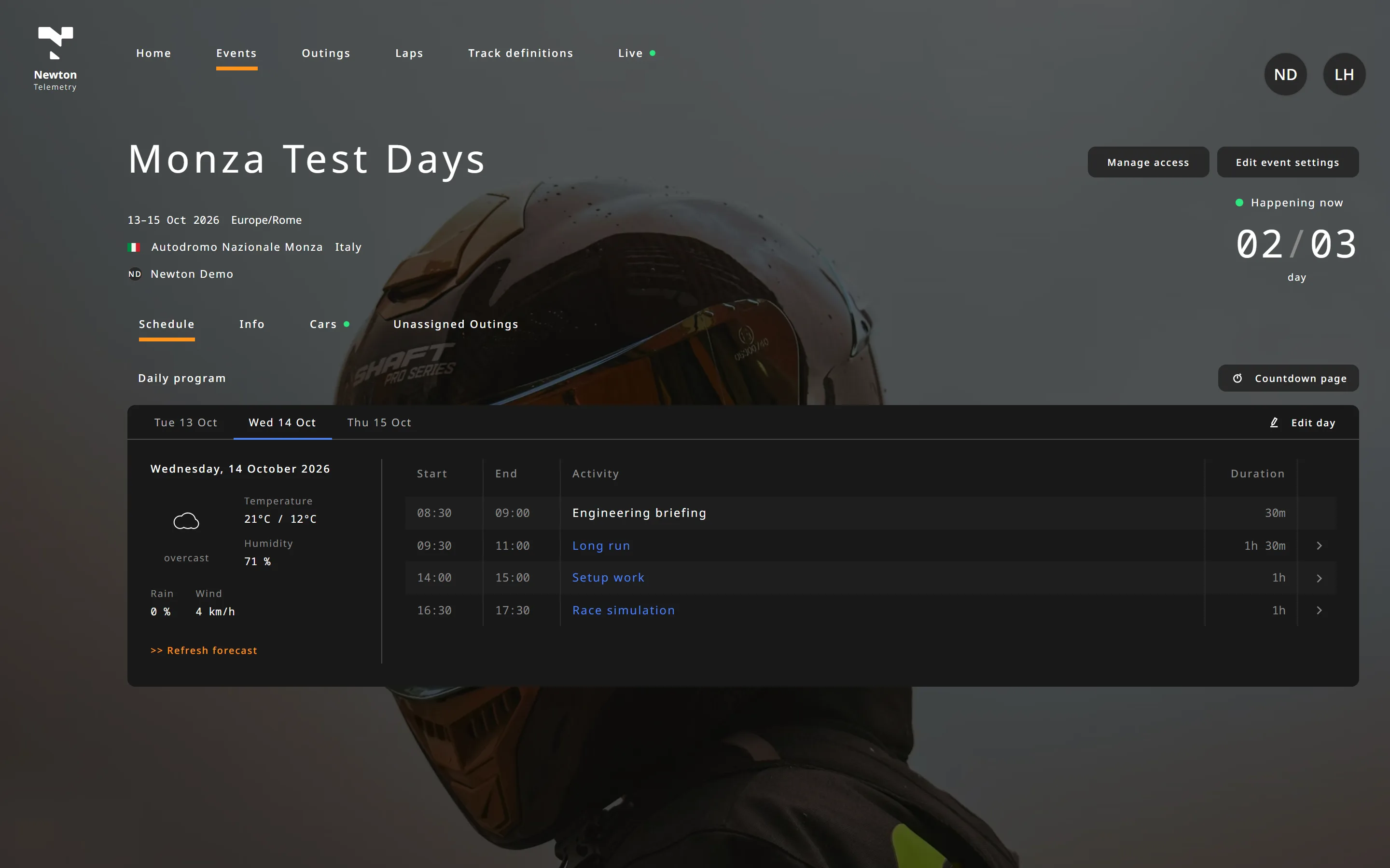 The schedule of the event Monza Test Days: the program of its second day with a briefing, a long run, setup work and a race simulation, next to the day's weather.