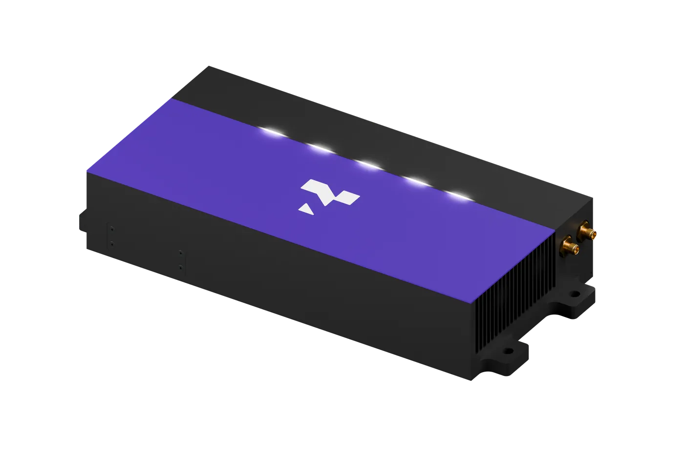 Newton Pro, assembled: the purple top sheet with the Newton logo over the black enclosure, with the heatsink and two antenna connectors at the side.