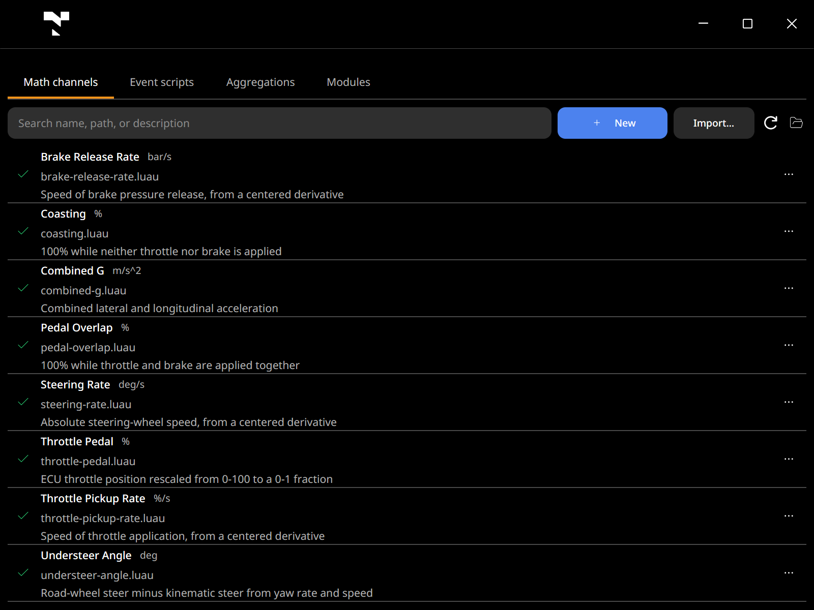 Velocity's Scripts window on the Math channels tab, listing channels such as Brake Release Rate, Coasting, Combined G, Pedal Overlap and Understeer Angle with their units, files and descriptions.